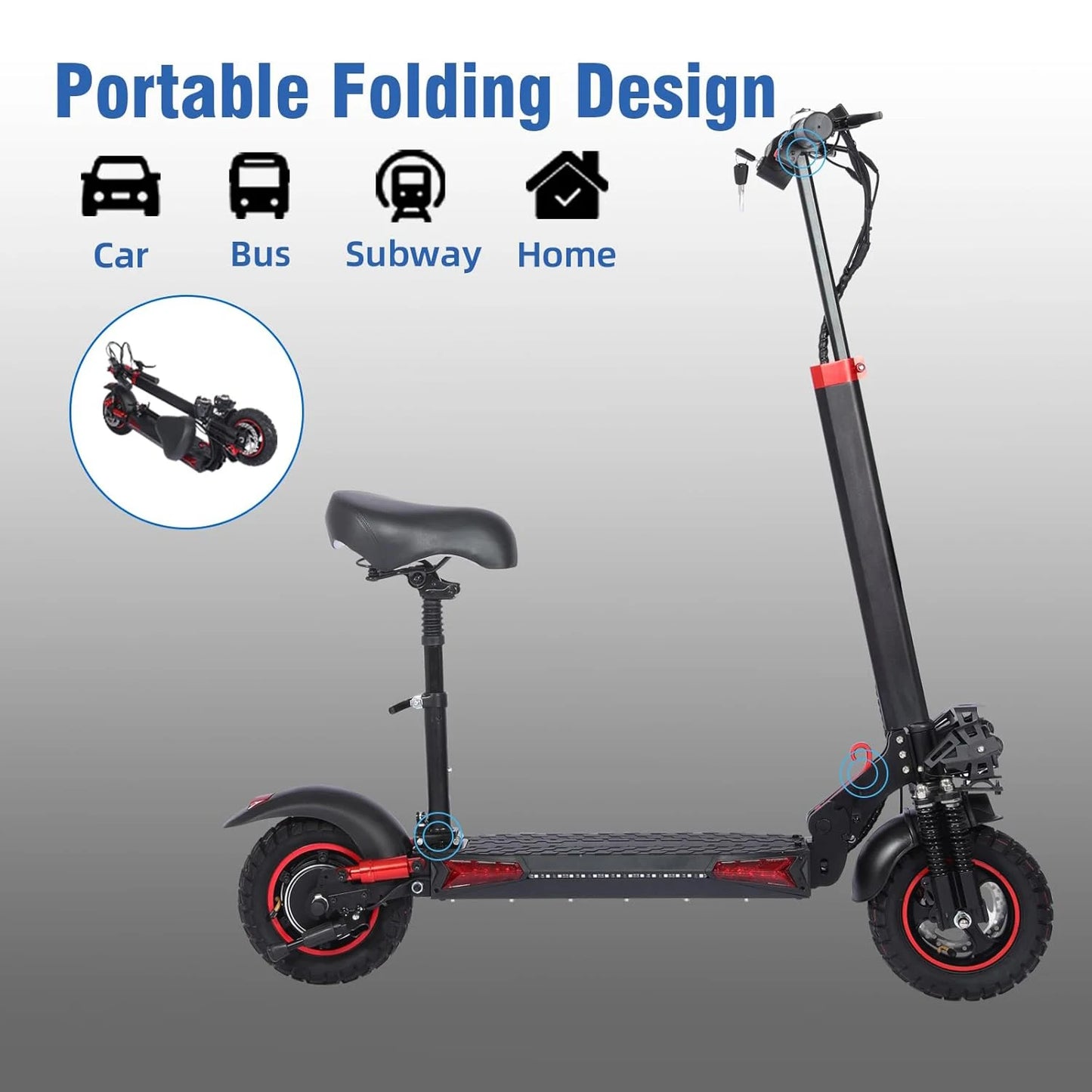1200W 48V 18AH Portable Folding E-Scooter for Adults Max 55KM/H 11'' Solid Tires 60KM Range Max Load 150kg Stored USA Warehouse