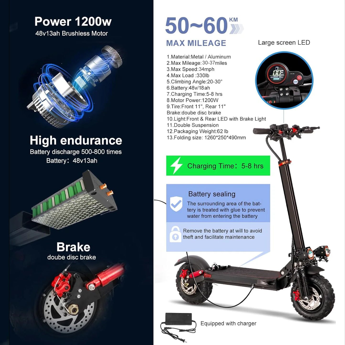 1200W 48V 18AH Portable Folding E-Scooter for Adults Max 55KM/H 11'' Solid Tires 60KM Range Max Load 150kg Stored USA Warehouse